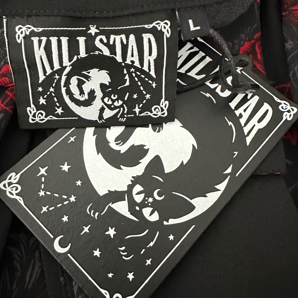 Killstar Red Rose Skull Pentagram High Low Midi Dress Pandora Shirt Dress L - Picture 9 of 11